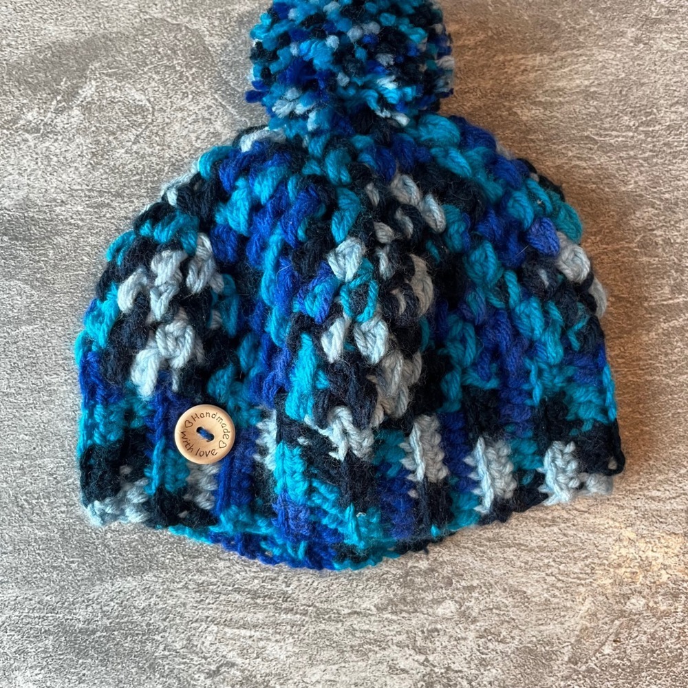 Handmade Baby Crochet Blue Beanie Hat with Pom Pom Winter Knit Cap